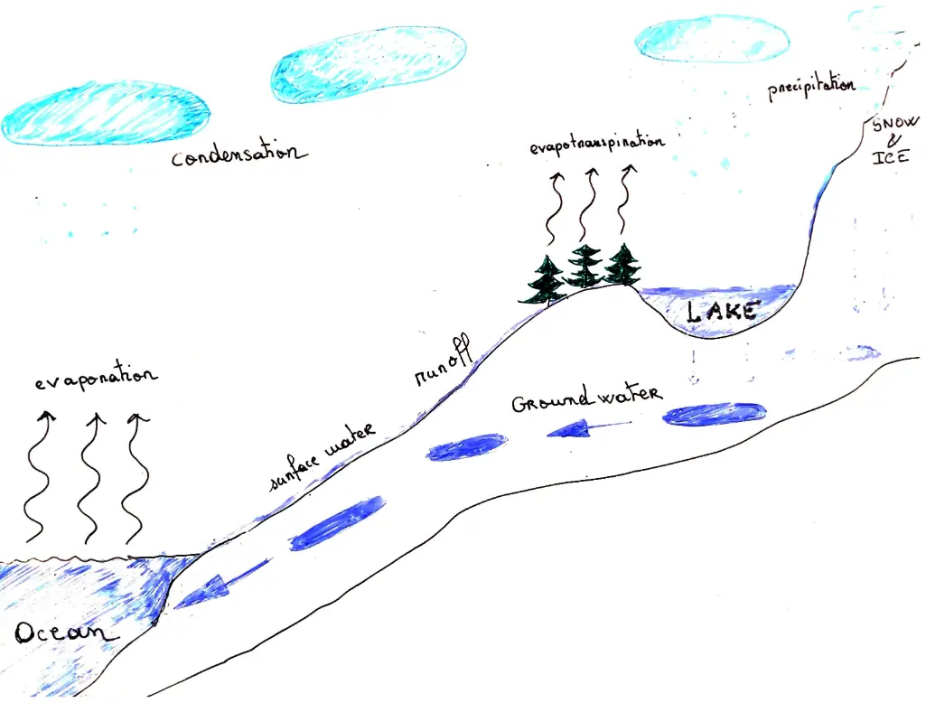 Illustrative image showing the big water cycle, with the different steps of the cycle